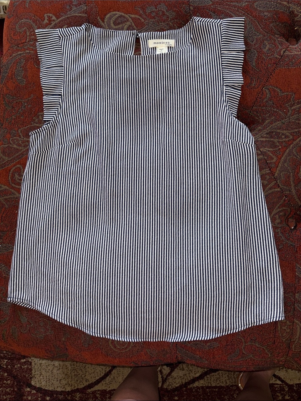Monteau Navy and White Stripe Ruffle Sleeve Camisole